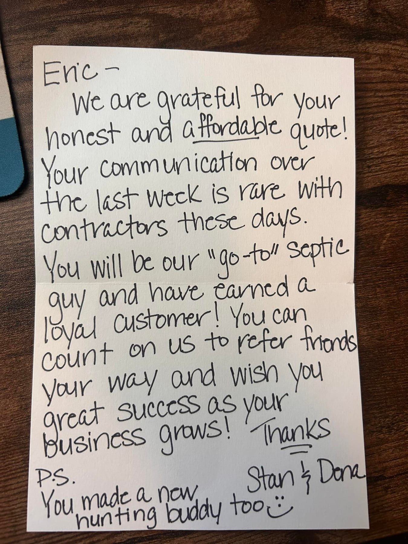 A handwritten note thanking Eric for an honest and affordable quote, and saying they will be a loyal customer.